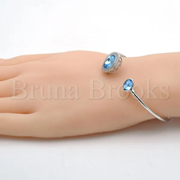 Rhodium Plated 07.26.0003 Individual Bangle, with Aquamarine Swarovski Crystals and White Micro Pave, Polished Finish, Rhodium Tone (02 MM Thickness, One size fits all)