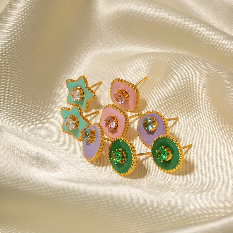 SISSLIA Personality New Fashion Titanium Steel 18k Gold Green Five-Pointed Star White Zircon Earrings for Women