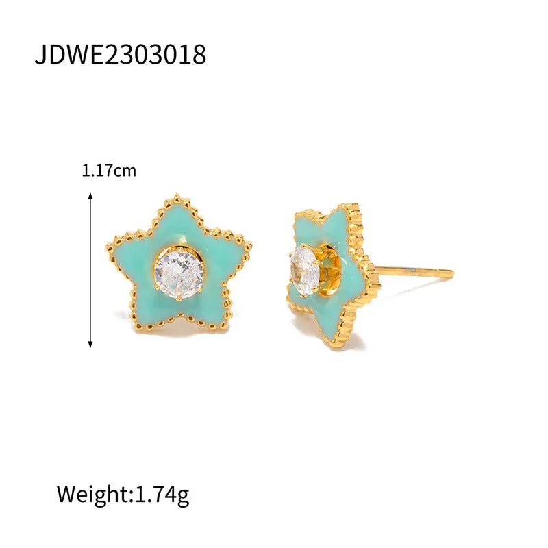 SISSLIA Personality New Fashion Titanium Steel 18k Gold Green Five-Pointed Star White Zircon Earrings for Women
