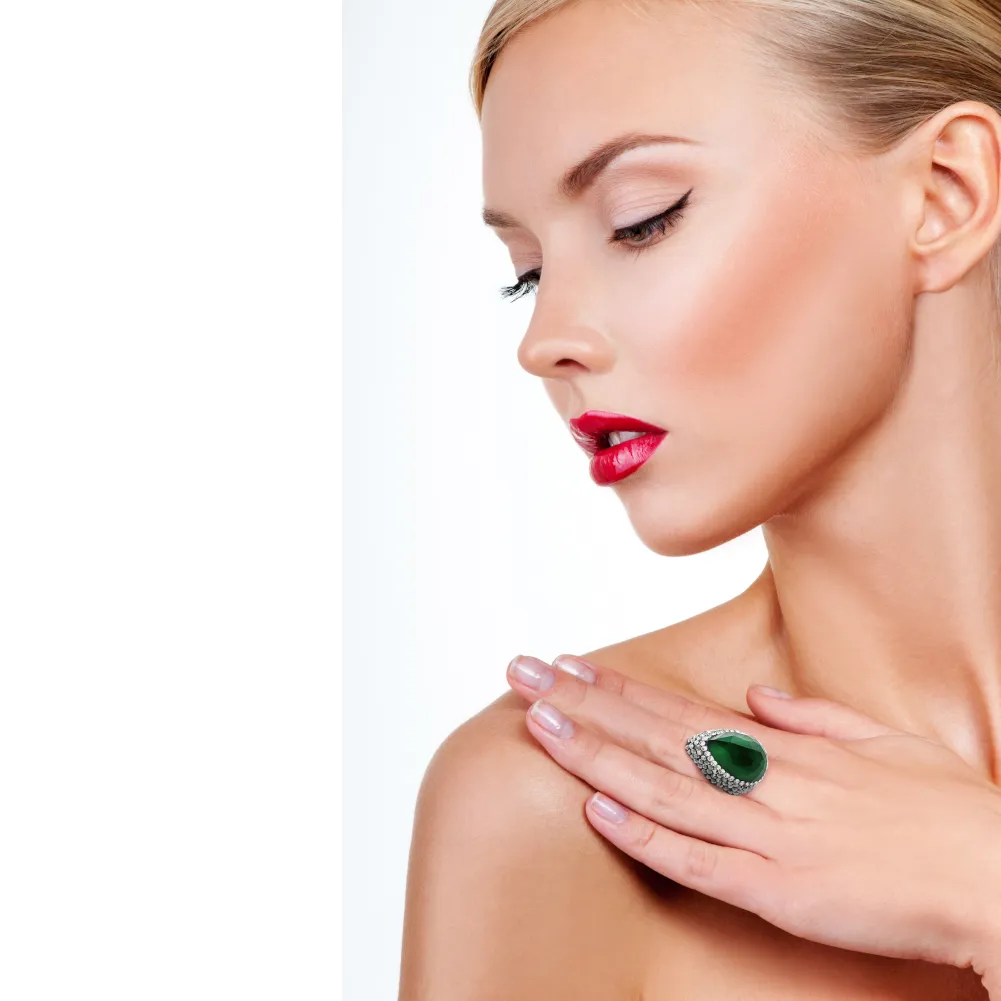 Turkish Silver Rhodium Ottoman Sultan Womens Cocktail Teardrop Adjustable Ring Size 6 to 8 in Green Zircon and Accents - Duel On Jewel