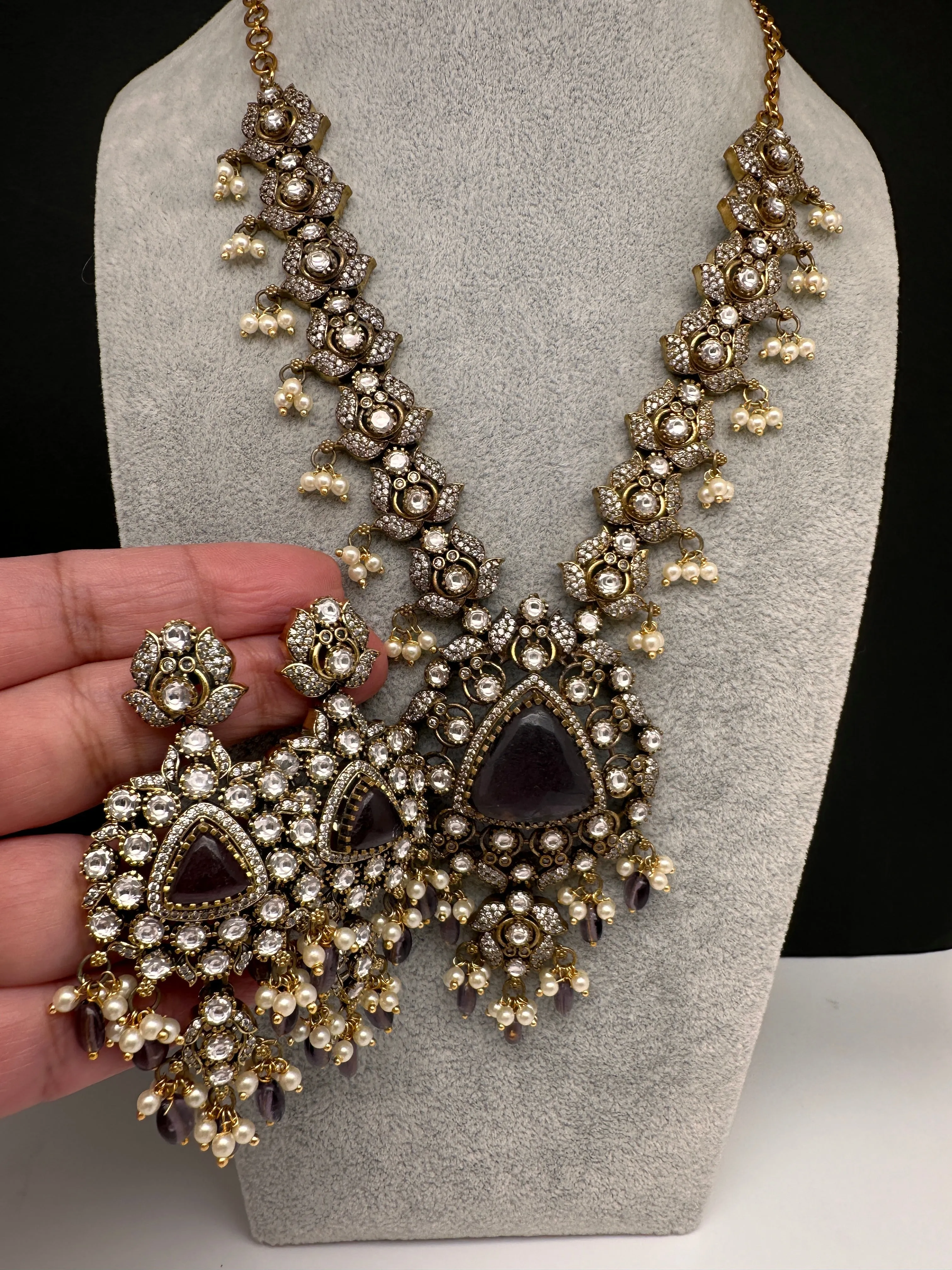 Victorian CZ Amethyst Purple Stone Guttapusalu Necklace