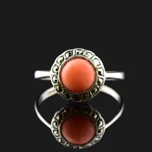Vintage Sterling Silver Coral Marcasite Halo Ring