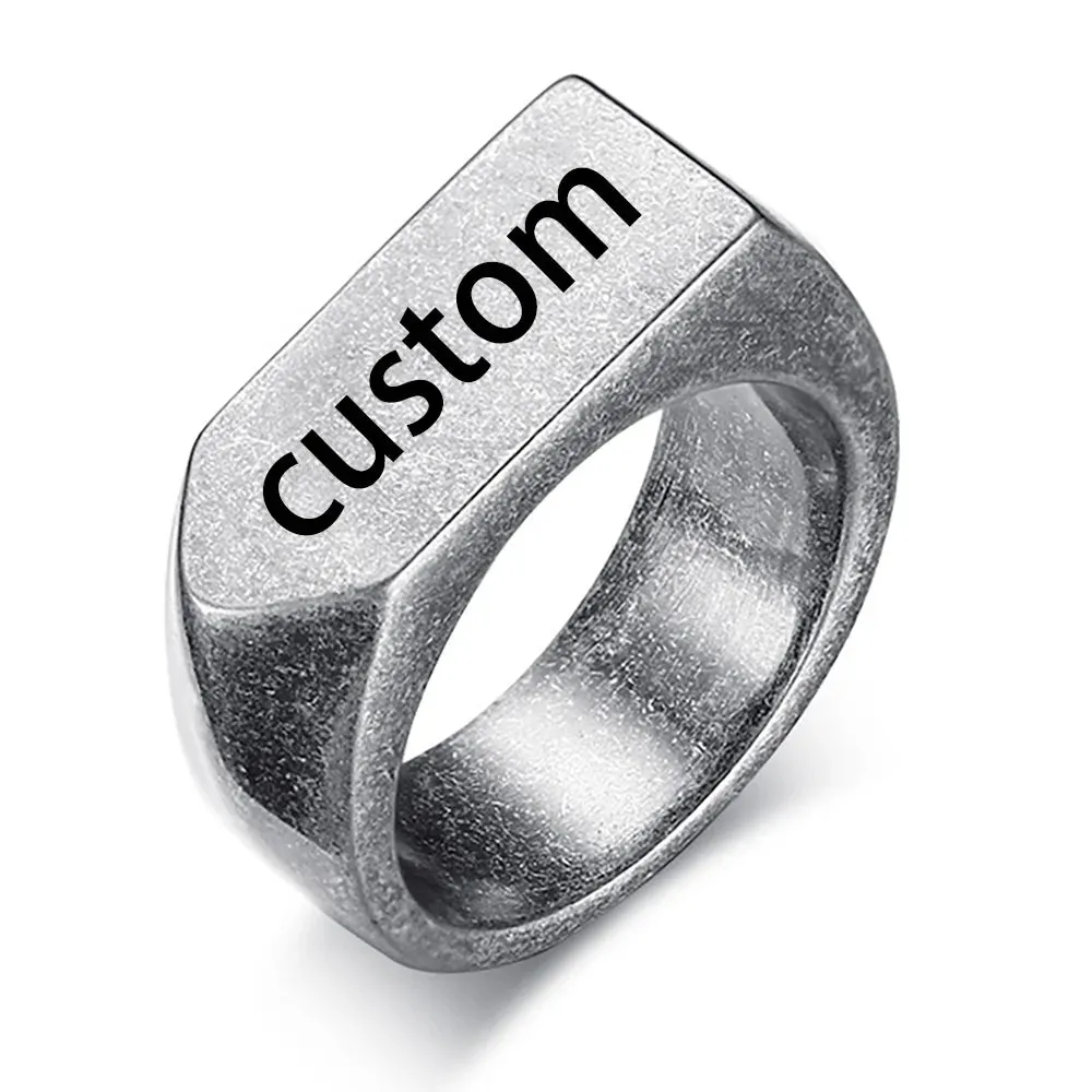 VQYSKO Men's Seal Ring Rectangular Glossy Ring Grey Men's Personalized Custom Stainless Steel Ring