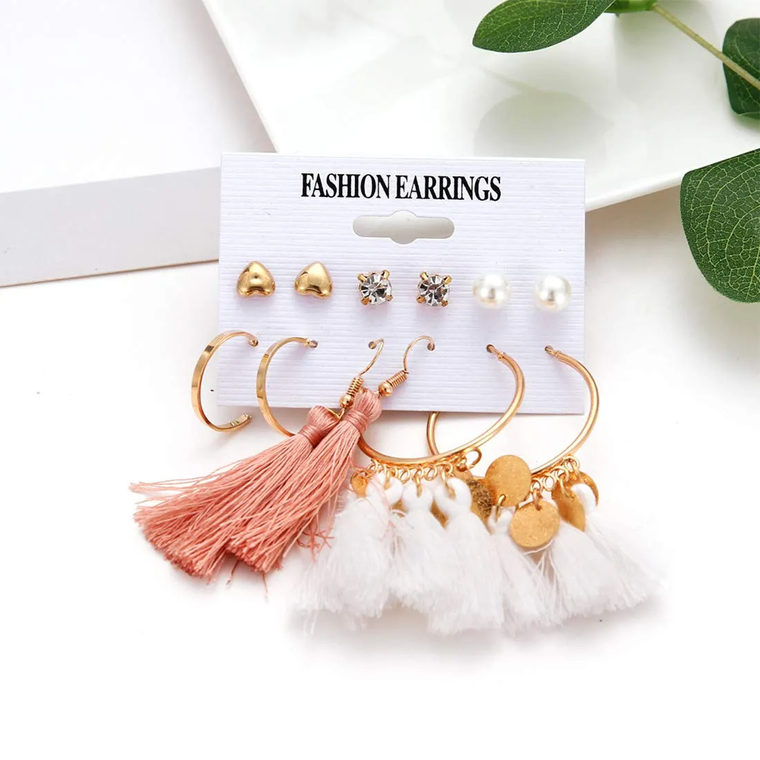 Yellow Chimes 6 and 9 Pairs Assorted Multiple Stud Earrings Big Hoop Tassel Drop Pearl Earrings for Women and Girls (Pearl Stud Tassel)