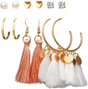 Yellow Chimes 6 and 9 Pairs Assorted Multiple Stud Earrings Big Hoop Tassel Drop Pearl Earrings for Women and Girls (Pearl Stud Tassel)