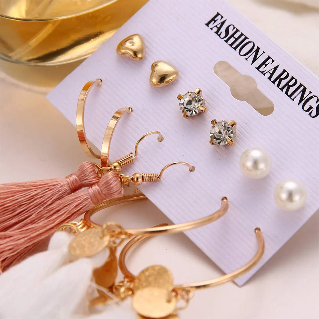 Yellow Chimes 6 and 9 Pairs Assorted Multiple Stud Earrings Big Hoop Tassel Drop Pearl Earrings for Women and Girls (Pearl Stud Tassel)