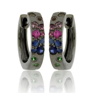 Yellow Gold Black Finish Flush Set Rainbow Sapphire Earrings